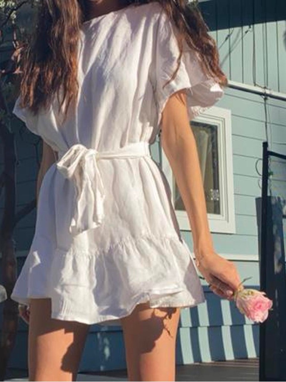 Urban Outfitters Linen Belted Ruffle Hem Dress